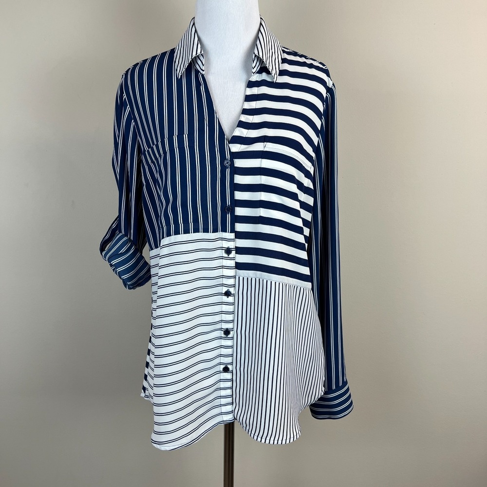 Express Portofino Shirt Womens Medium Blue White Stripe Long Sleeve Blouse Top M